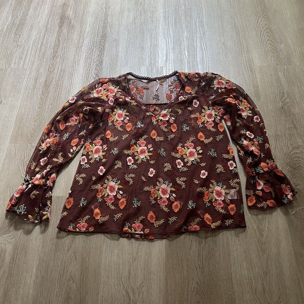 Feather Bone By Anthropologie Embroidered Sheer Pullover Top Size Small